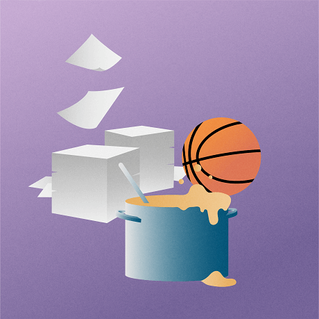 Stack of papers, football,  and a pot of stew on purple background