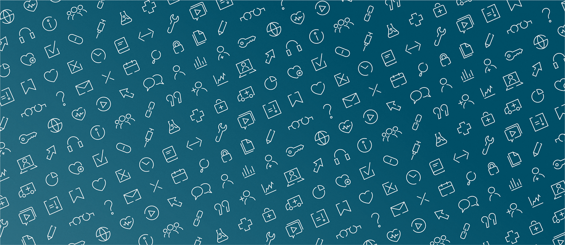 An array of line-art icons in white arranged diagonally on a blue background.