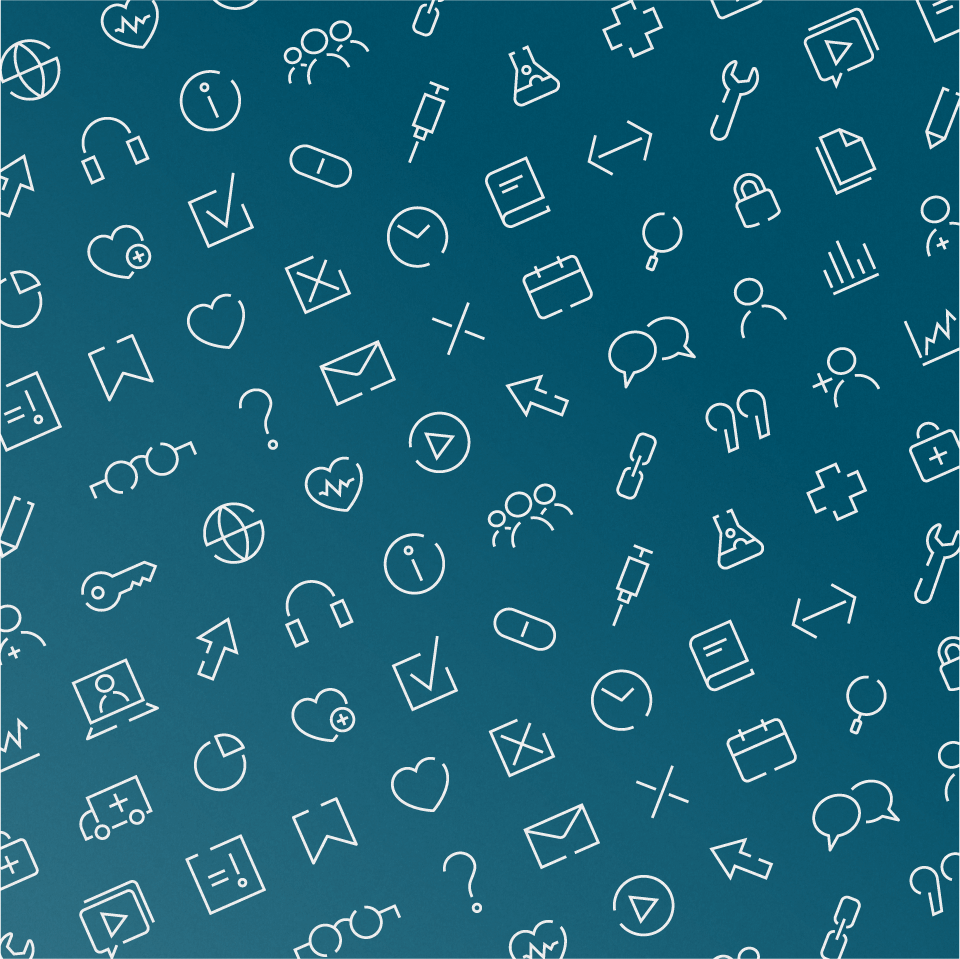 An array of line-art icons in white arranged diagonally on a blue background.