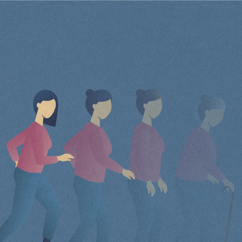 Four female silhouettes of various ages—young adult, mature adult, middle aged adult, elderly adult—that depict the progression of multiple sclerosis throughout the lifespan. 