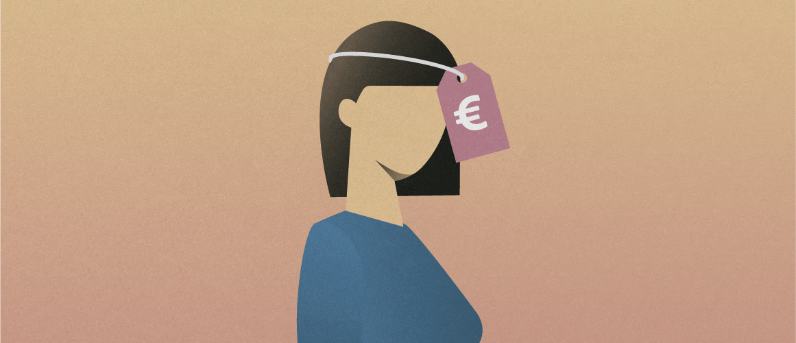 Silhouette of a woman with a price tag wrapped around her head that symbolizes the financial burden of migraine treatment.